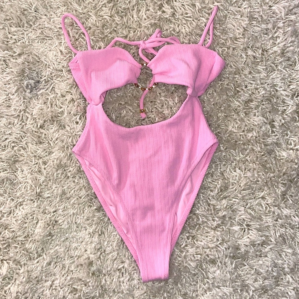 White fox swim pink ribbed cut out one piece